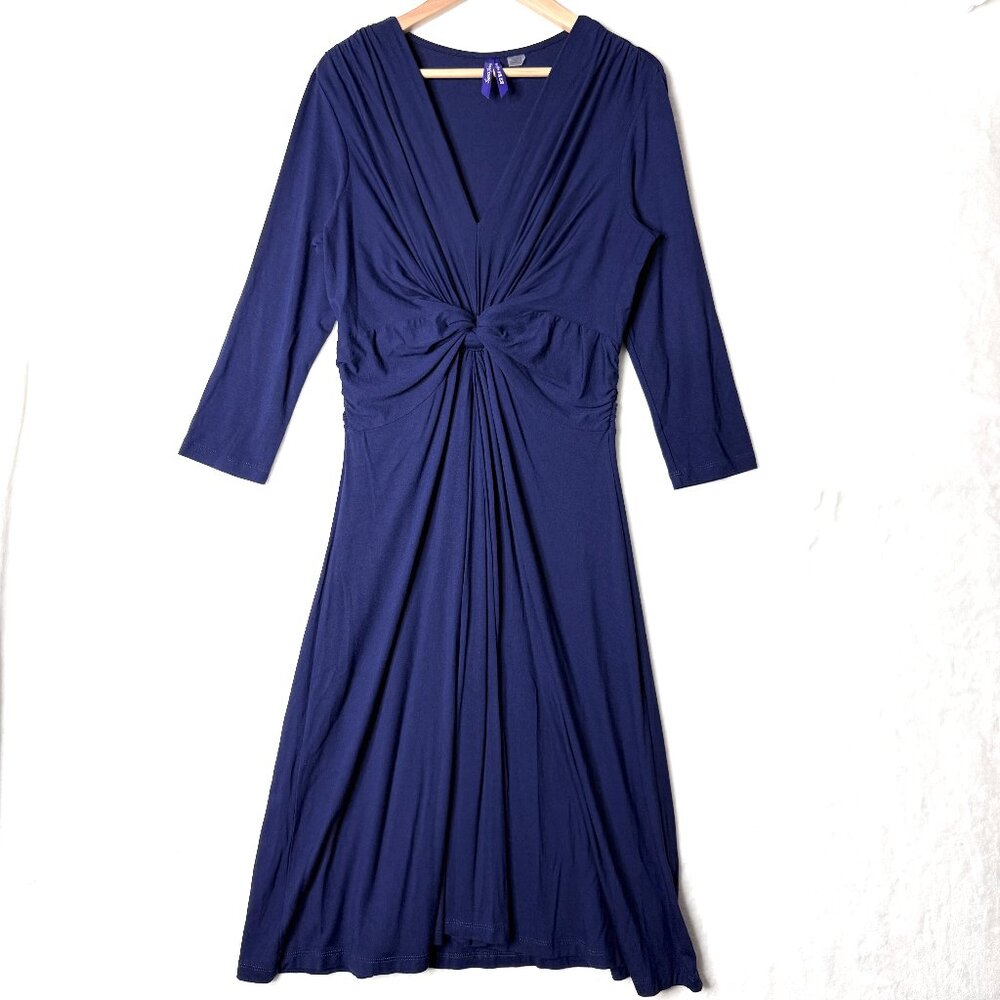 SERAPHINE Maternity Front Knot Jersey V Neck 3/4 Sleeve Comfort Dress US 4 Blue